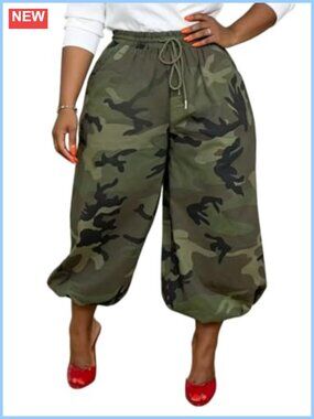 Women's High Waisted Camo Cargo Pants Drawstring Baggy Joggers